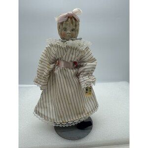 Antique Bisque Head Doll Cloth Body Pink Bow 9 Inch
